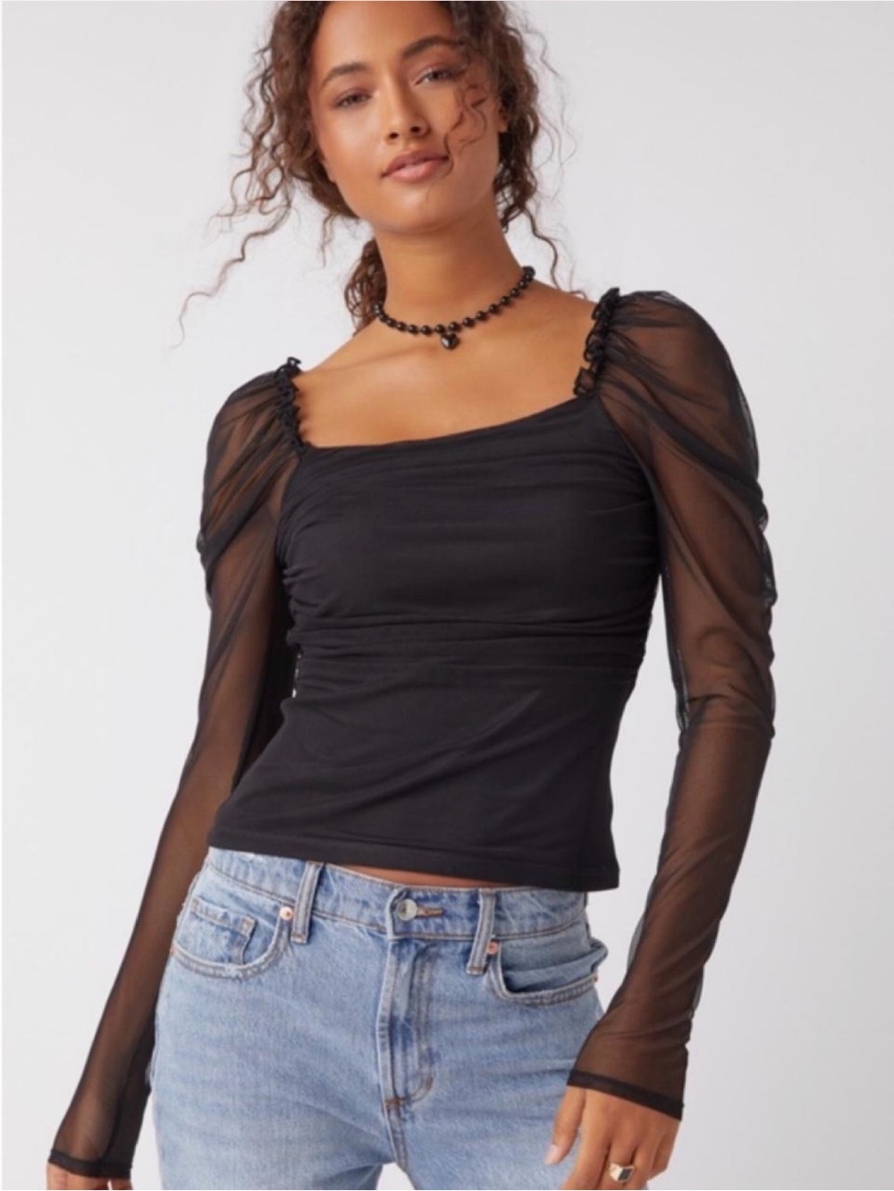 Black Sheer Puff Sleeve Ruched Top